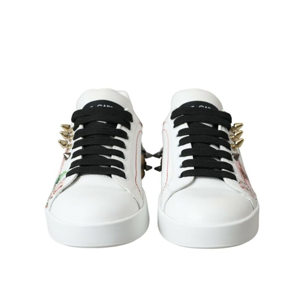 Dolce & Gabbana White Leather Crystal Roses Floral Sneakers Women's Shoes - Picture 2 of 6